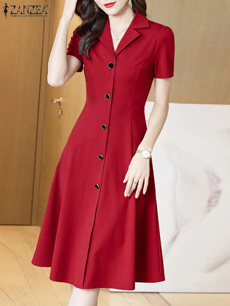 ZANZEA Women Midi Dress 2024 Summer Elegant Long Shirt Dress Korean Short Sleeve Work Sundress Casual Lapel Collar Waisted Robes