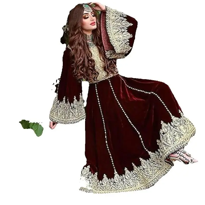 Traditional Burgundy Velvet Muslim Prom Dresses Puff Sleeve Gold Lace Kaftan Arabic Evening Dress Beaded Indian Party Customzied