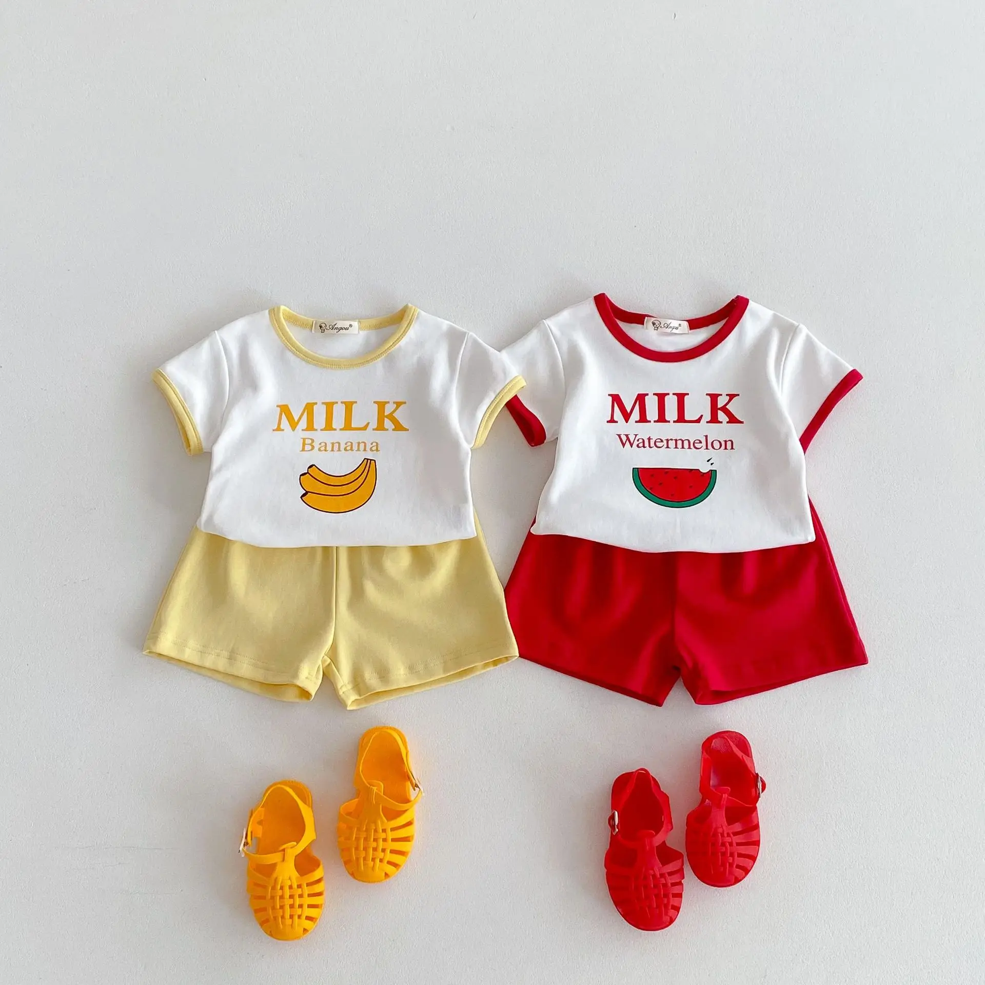 2025 Summer New Children Short Sleeve Cotton Set Baby Fruit Letter Print T Shirts Boys Girls Shorts Suit Kids Casual Outfits