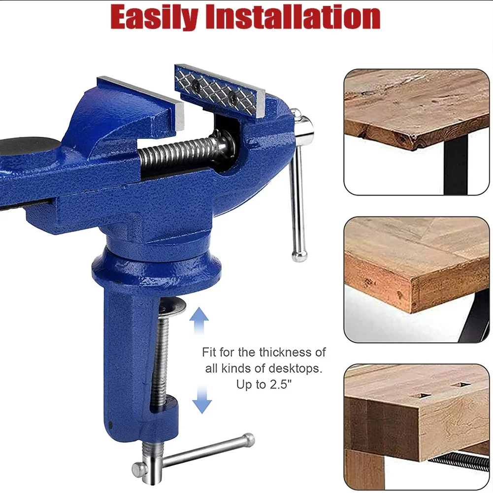 Table Vise Clamp On Work Bench Vise 360 Degree Rotation Base Adjustable Woodworking Vise Anti-Slip Mats 50/60mm Fixed Parts Tool