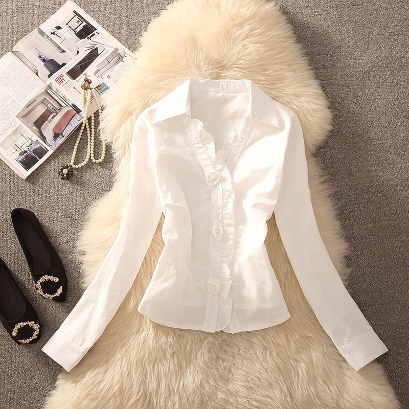 

Elegant Lace Trim Splice Long Sleeve White Shirt Versatile Design Spring Autumn 2026 Intellectual Style Women's Fashion Blouse