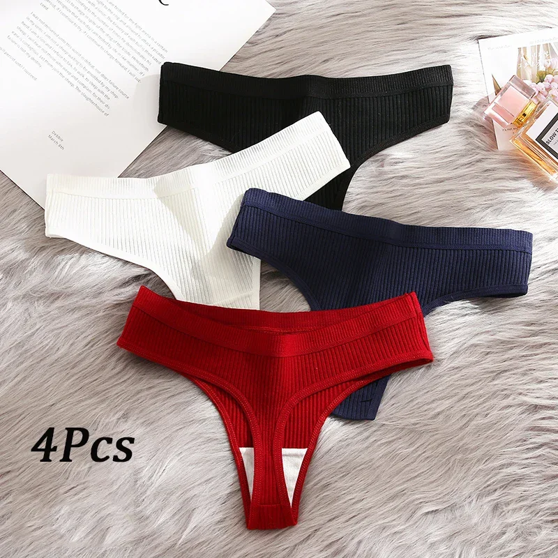 

4Pcs Women's Panties G-Strings Set Fashion New Striped Soft Cotton Underwear Sexy Lingerie Sports Breathable Cozy