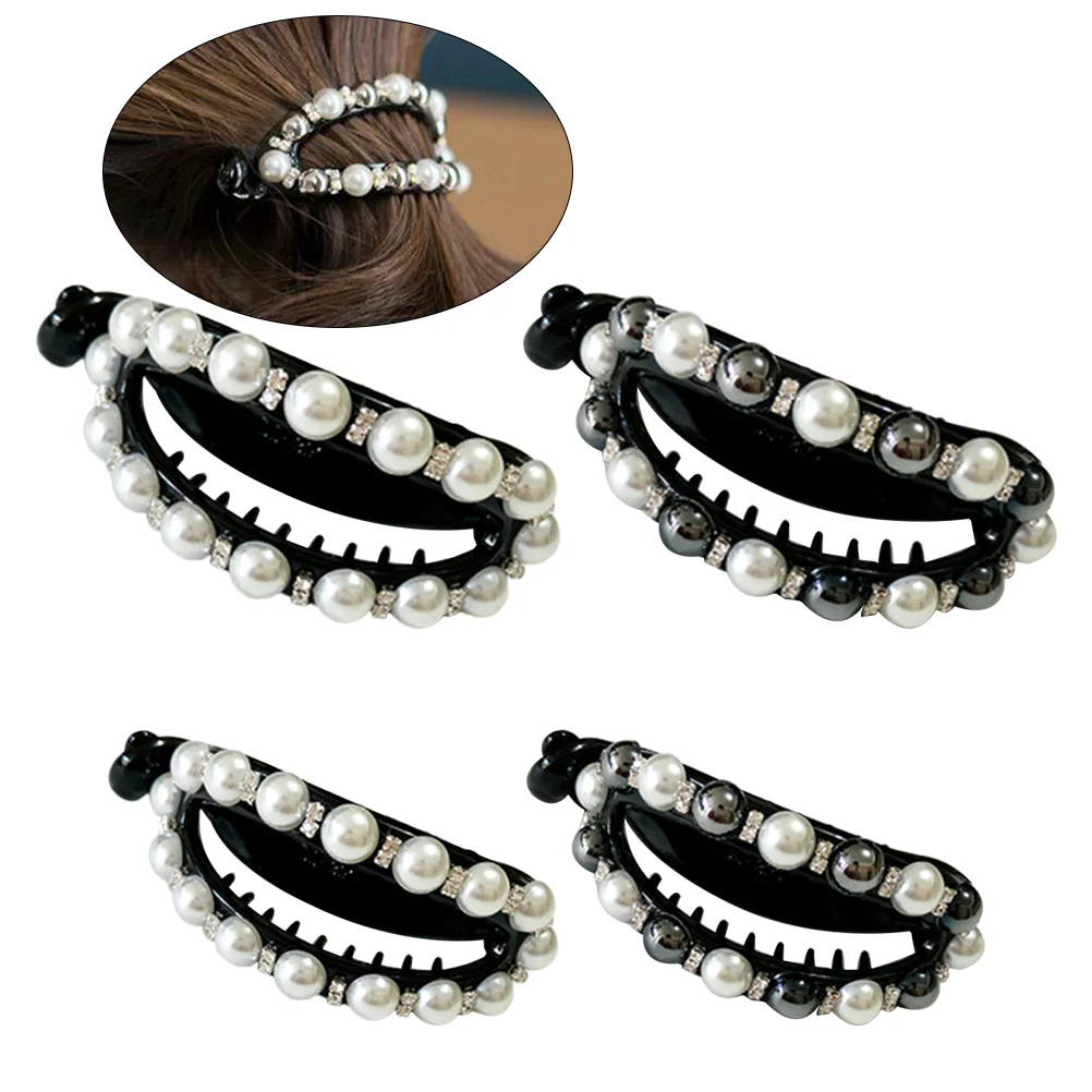 

4pcs Manmade Pearl Horsetail Holder Clip Shower Hair Clip Hairpin Hollow out Horsetail Clip pearl hair clip