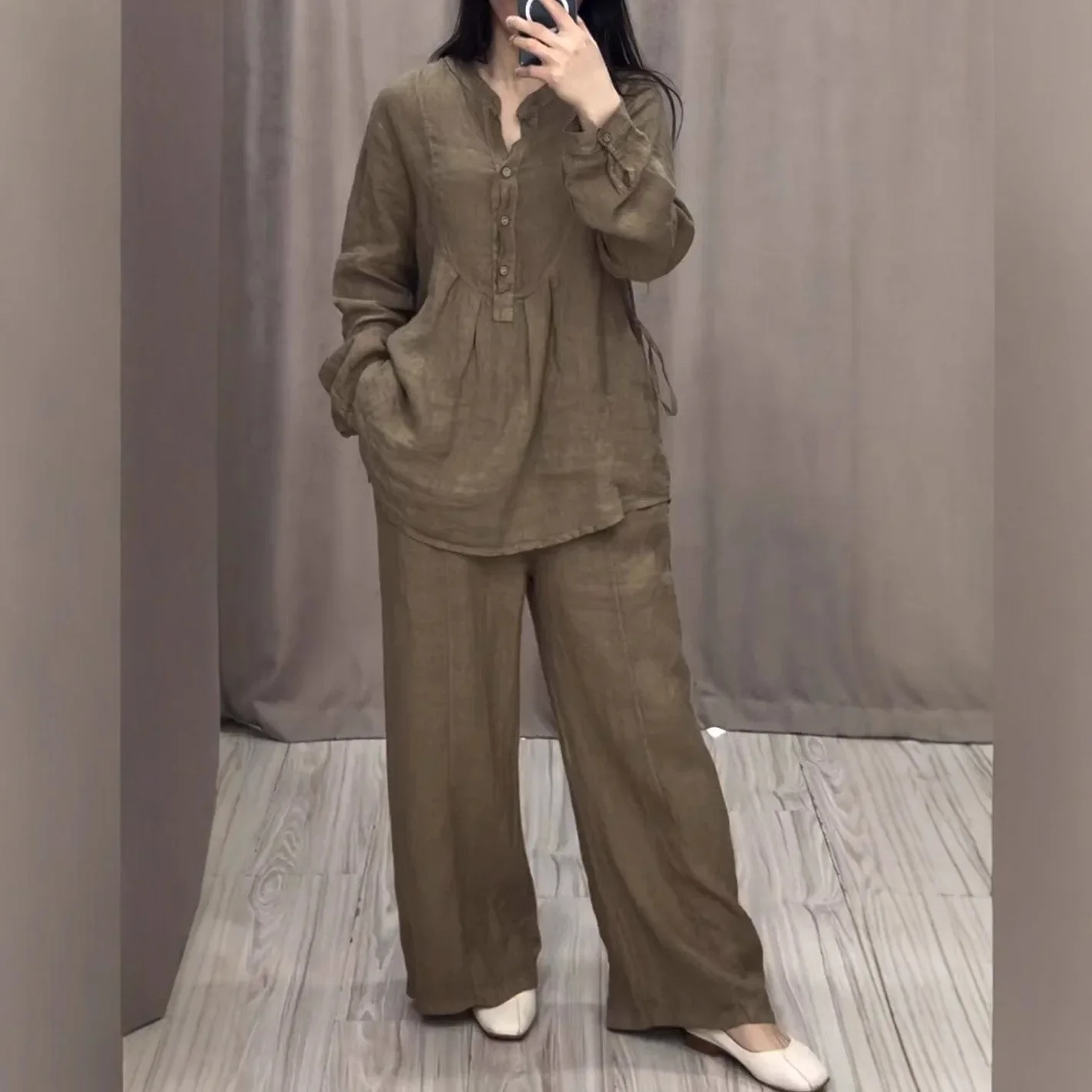 Oversized Loose Women's Sets Two 2 Pieces Sale Casual Button Long Sleeve Lace Up Blouse&Wide Leg Trousers Suits NMD-3036