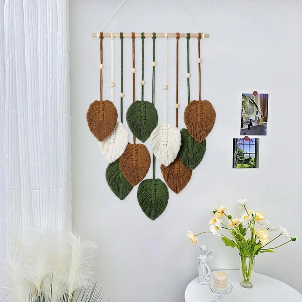 Rustic Home Decor Tapestry Bohemian Style Leaf Shape Wall Hanging Tapestry with Wooden Bead Decor Handcrafted Dorm Home Hotel