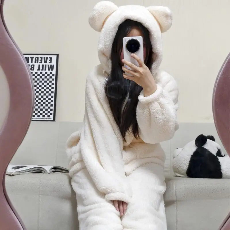 

Пижамный комплект для девочек, одежда для сна, домашняя одежда, повседневная двухсекционная домашняя одежда с капюшоном, утолщенная ночная рубашка с героями мультфильмов на флисовой подкладке, осень-зима