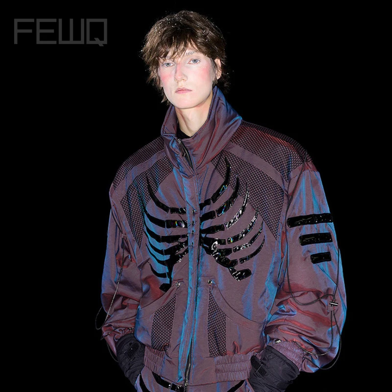 FEWQ Niche Design Men Jacket Stand Collar Mesh Chine Patchwork Contrast Color Loose Outdoor Casual Male Top Spring 2025 24K1111