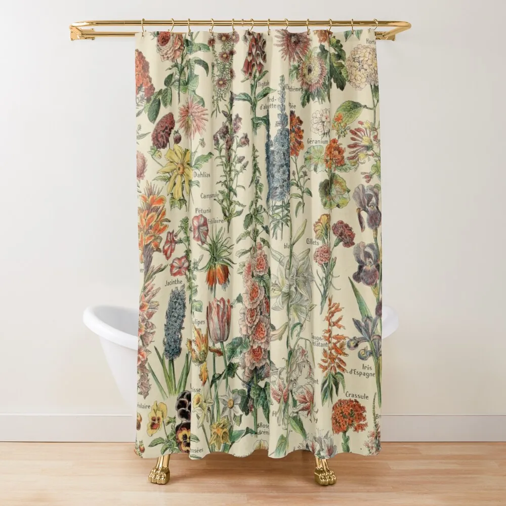 Biology Floral Stall Shower Curtain, Vintage Garden Plants Herbs Flowers Botanical Design, Fabric Bathroom Decor Set with Hooks