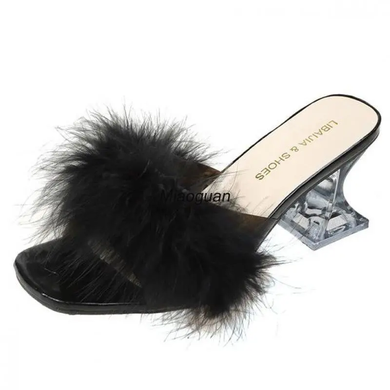 New Summer Fluffy Peep Toe Sexy High Heels Women Shoes Fur Feather Lady Fashion Slip on 2023 Designer Lady Indoor House Slippers