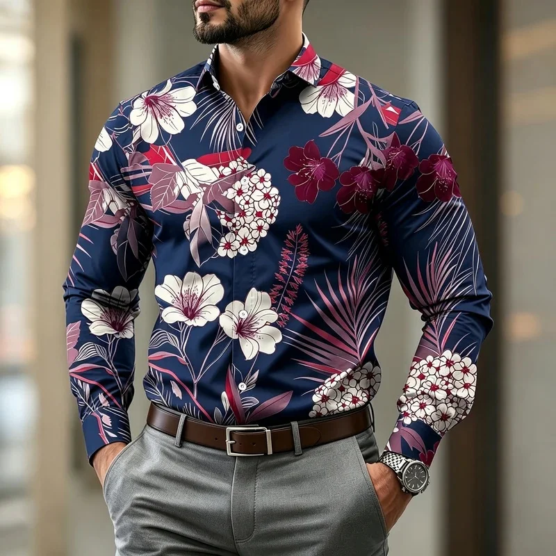 Retro tropical floral print men's long-sleeved shirt, lapel satin texture casual shirt, versatile vacation top.