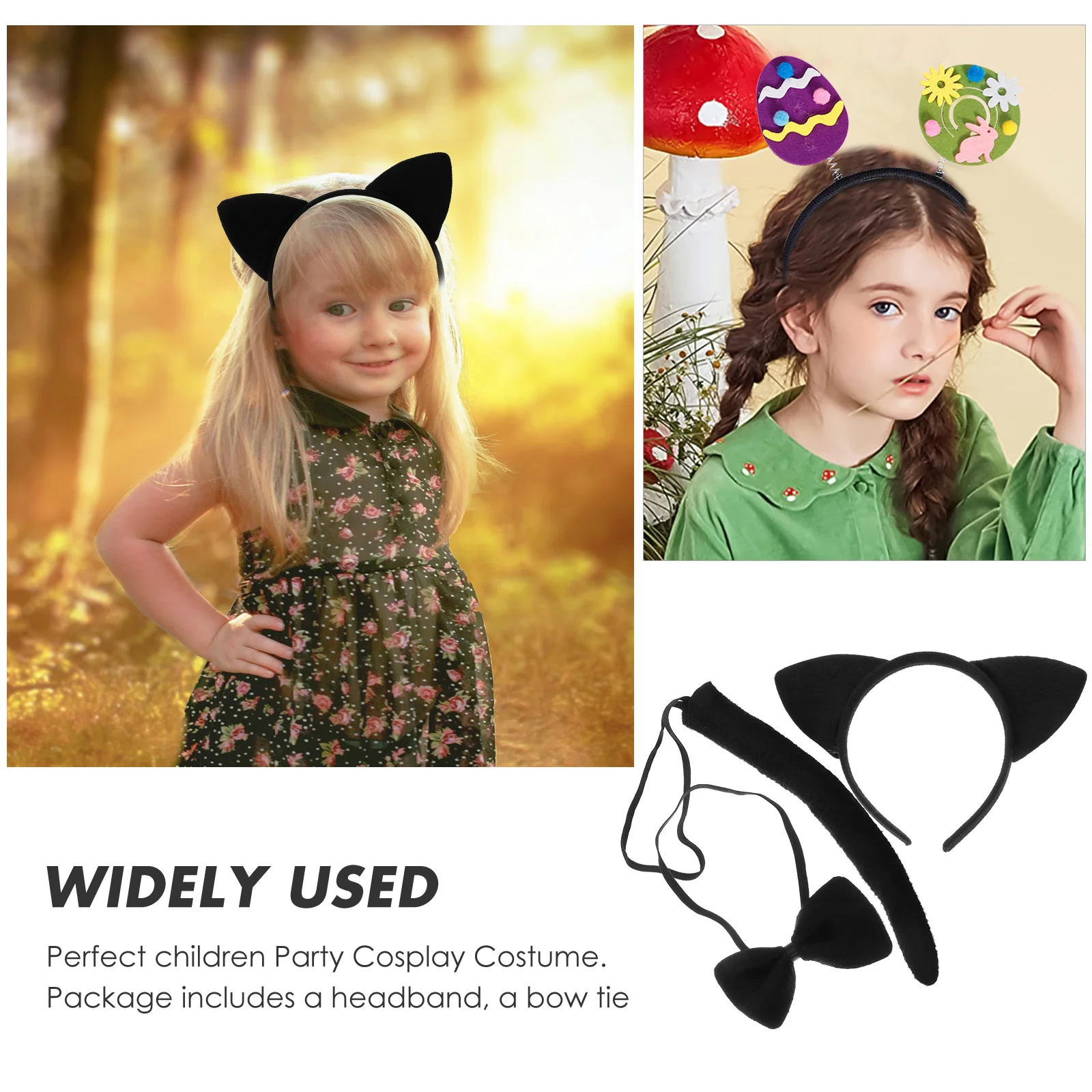 3Pcs Kids Cat Ears Headband Bow Ties Tail Set Party Cosplay Costume (Black) cat cosplay cat cosplay set