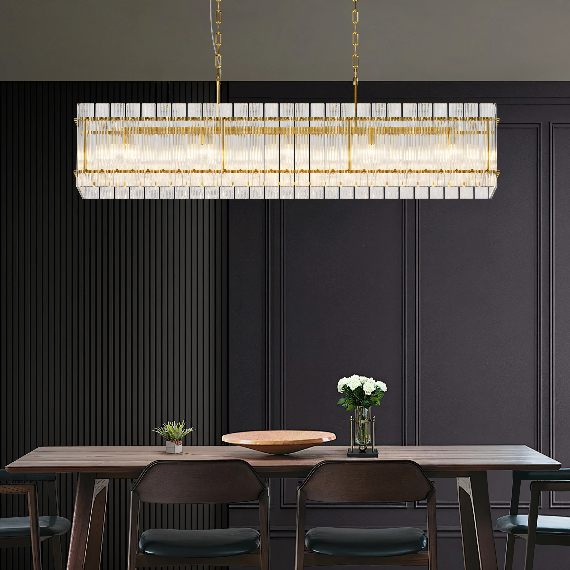 Modern Rectangular Crystal Glass Chandelier, 10-Lights Glod Chandelier Lighting Contemporary Pendant Ceiling Light Fixture