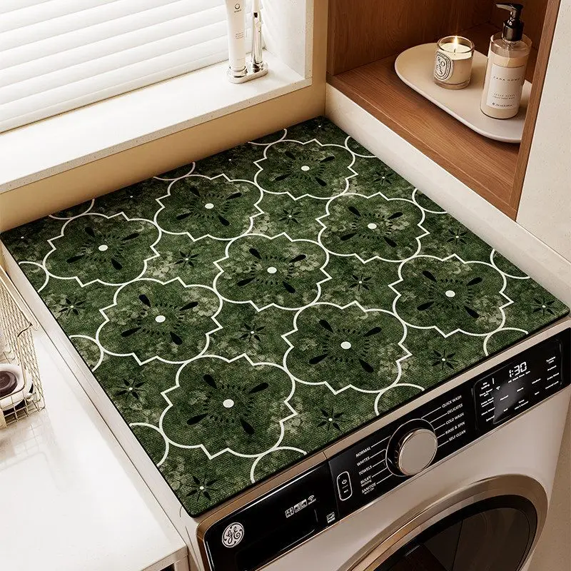 VIKAMA Cream Tan Sketch Bloom HAPPINESS Washing Machine Top Mat Line Art Floral Garden Quote Border Water Resistant Non Slip