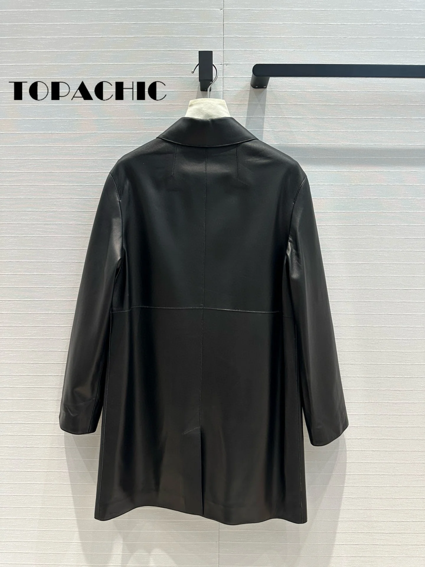 8.24 TOPACHIC-Women\'s Temperament Big Pocket Midi Coat 2024 Autumn New Lapel Covered Button Genuine Leather Split Outerwear