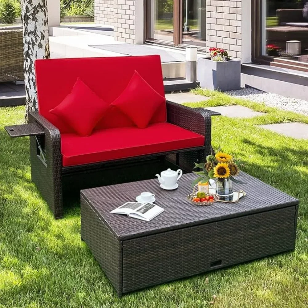 Patio Rotan Daybed, Patiojoy rieten loveseat bank met multifunctionele poef en intrekbaar zijblad, 4-niveaus verstelbare rugleuning