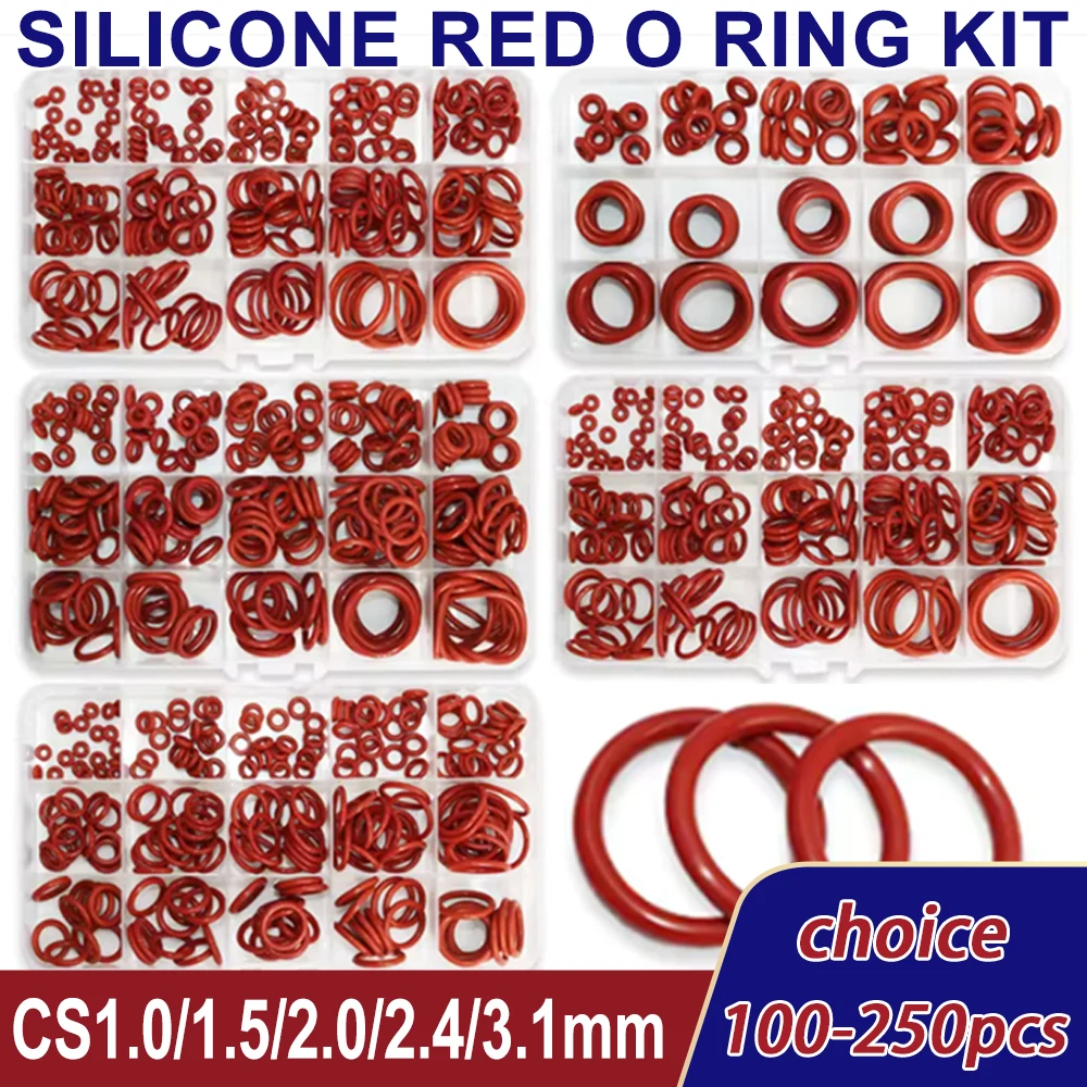 Zestaw uszczelek O-ring, silikonowe uszczelki O-ring czerwone, olejoodporne O-ringi, gumowe O-ringi, uszczelki O-ring wysokotemperaturowe VMQ, podkładki CS1.0mm-3.1mm