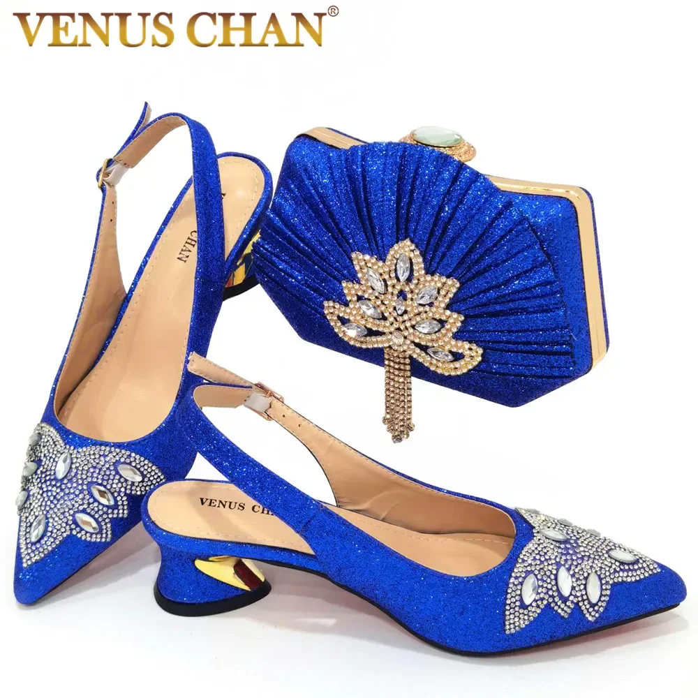 2024 Nigerian Style Rhinestone Medium Heeled Sandals for Women Fashion Party Women Wedding Shoes Bags Set For Women