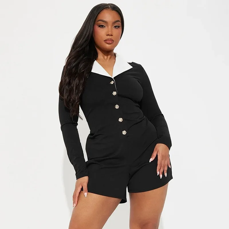 2025 Sexy Y2K Donna Nero Bianco Colorblock Manica lunga Risvolto Cerniera Pagliaccetto Vita alta Vestibilità attillata Pantaloncini interi Outfit