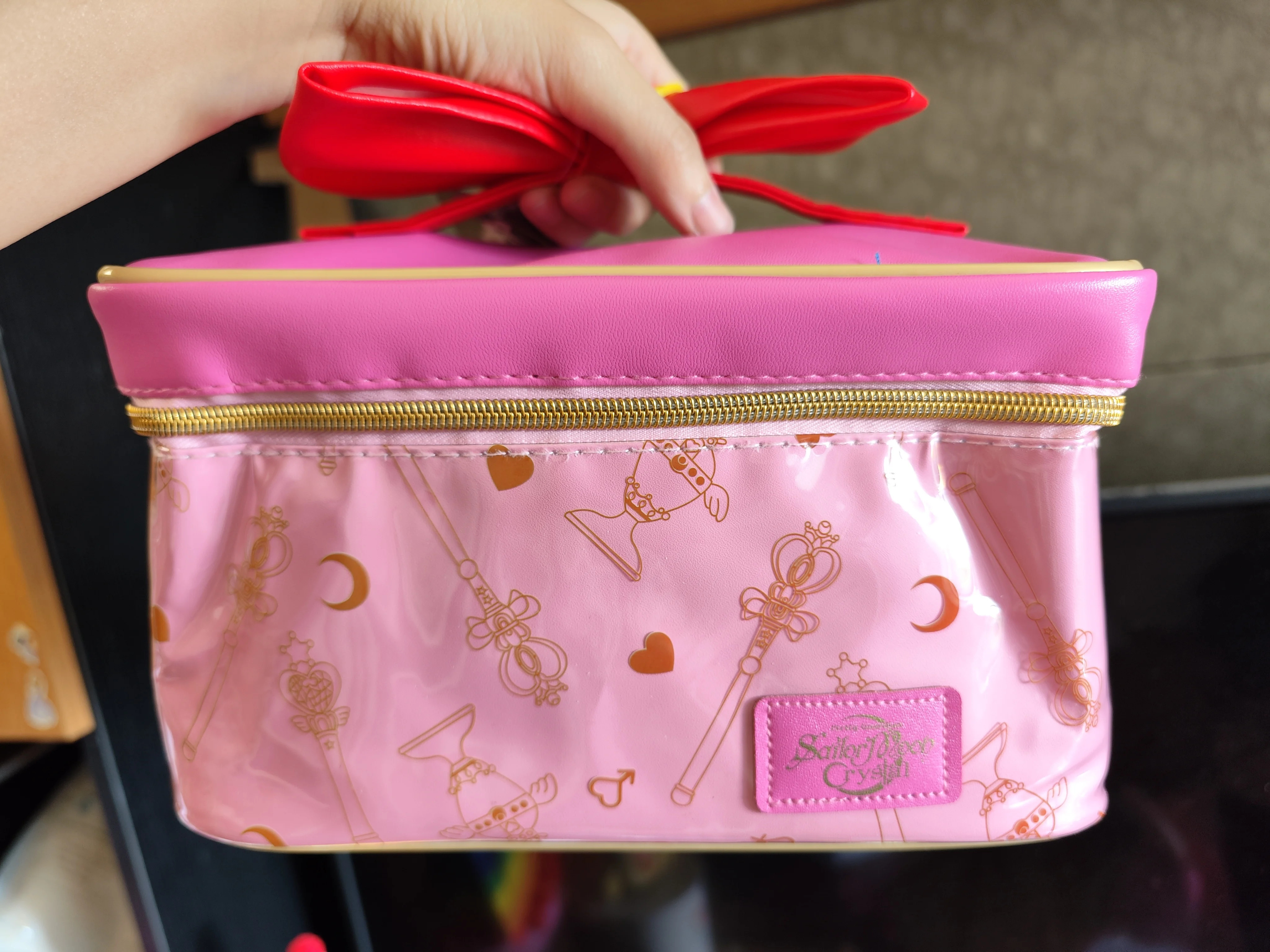 Makeup Bag For Women Girl Portable Cartoon Crystal Moon Cute Bowtie Handle , Large Capacity Storage Bag Travel Tool Handbag