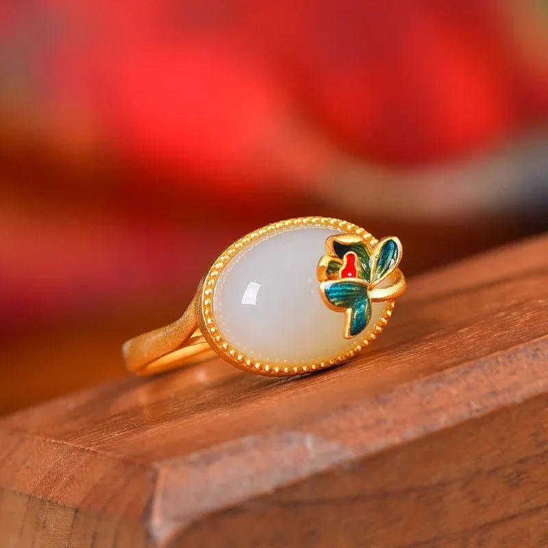 

Ancient gold craftsmanship natural Hetian jade enamel lotus oval rings for women fashion classic ethnic style banquet jewelry