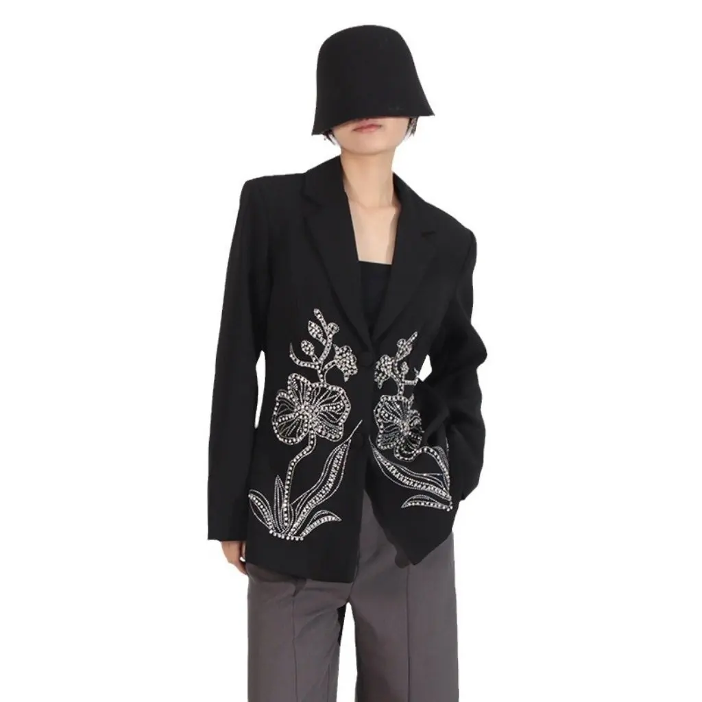 

Women's European And American High-End Small Suit Jacket Heavy-Duty Rhinestone Flower Design Two-Button Autumn New Fashion
