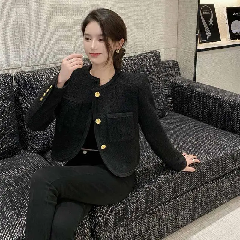 Mantel wol korea wanita, jaket Blazer atasan pendek berkancing sebaris leher bulat mewah modis musim dingin