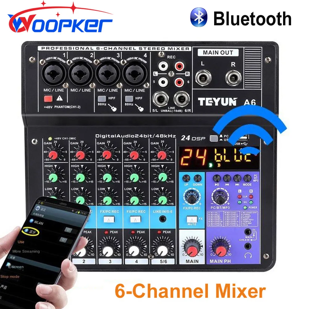 Professional 6 Channel Audio Mixer A6 Sound Mixing Console USB  Input 48V Power for DJ Recording Studio