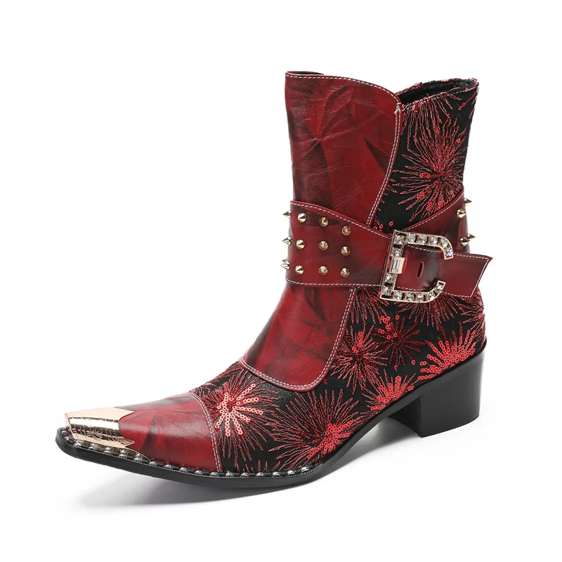 Autumn Men\'s Boots Spike Metal shoes and hats High-heeled Belt buckle Rivet Red Luxurious Increase Model