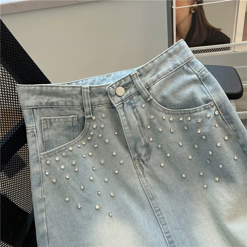 Beading Blue Denim Skirt Summer American Style High Waist Pencil Skirts Casual Slim-looking A-line Streetwear Woman Clothes