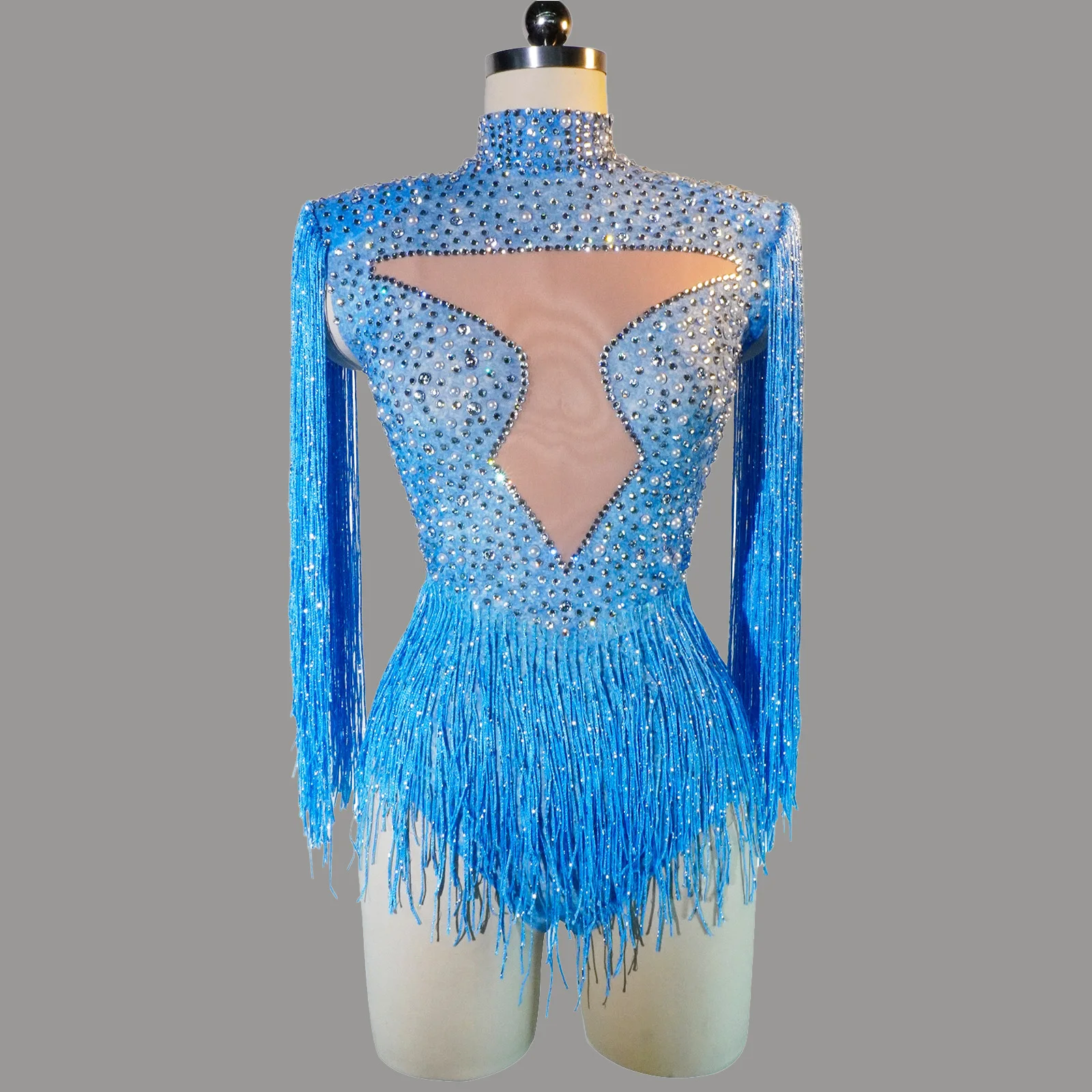 

Сексуальное синее боди со стразами и бахромой для сценических танцев, танцевальный костюм для ночного клуба, наряд для дня рождения, наряд королевы перетаскивания, танцевальный костюм gogo