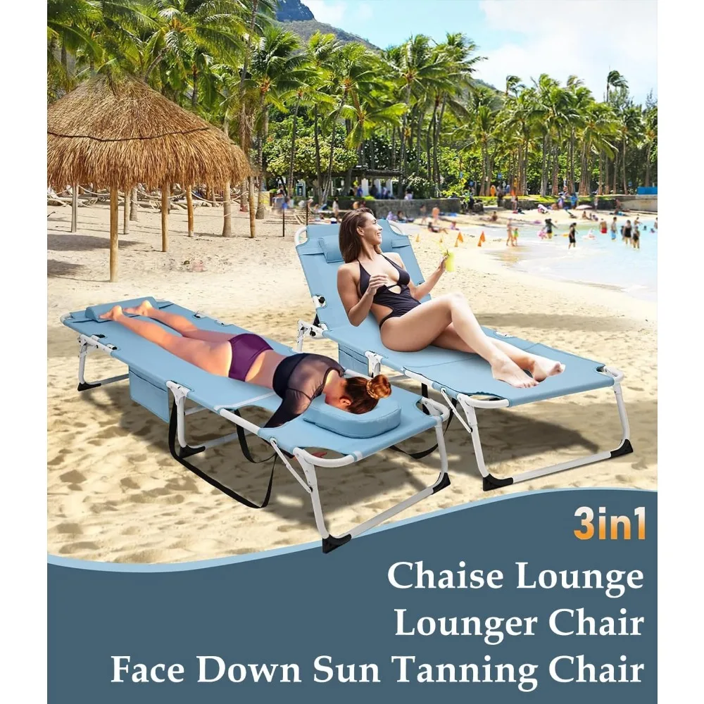 Chaise de bronzage 3 en 1 avec matelas, transat d'été avec trou pour le visage et le bras, réglable et résistante au soleil