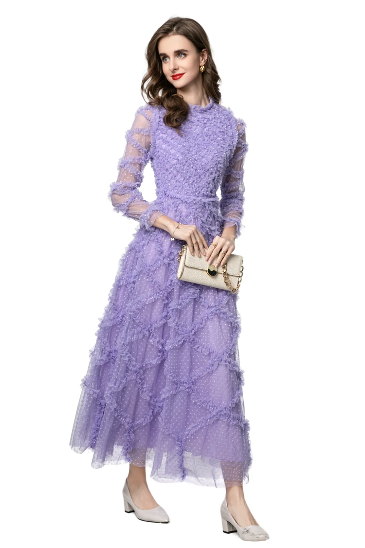 ชุดเดรสสตรี O คอแขนยาว Ruffles จ่าย Elegant แฟชั่น Designer Party Prom Gown