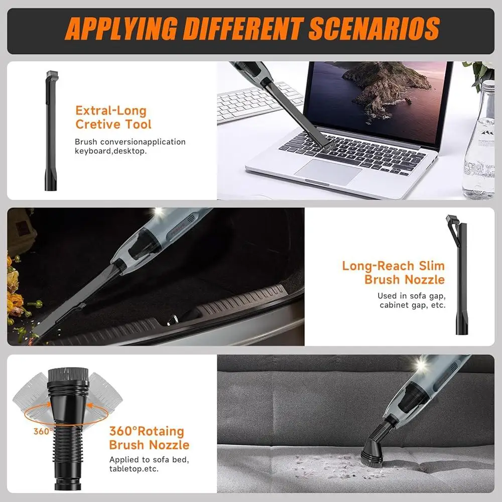 휴대용 무선 진공 청소기 10000Pa 흡입 충전식 자동차 진공 LED 조명 애완 동물 브러시 30분 배터리 수명 HEPA 필터