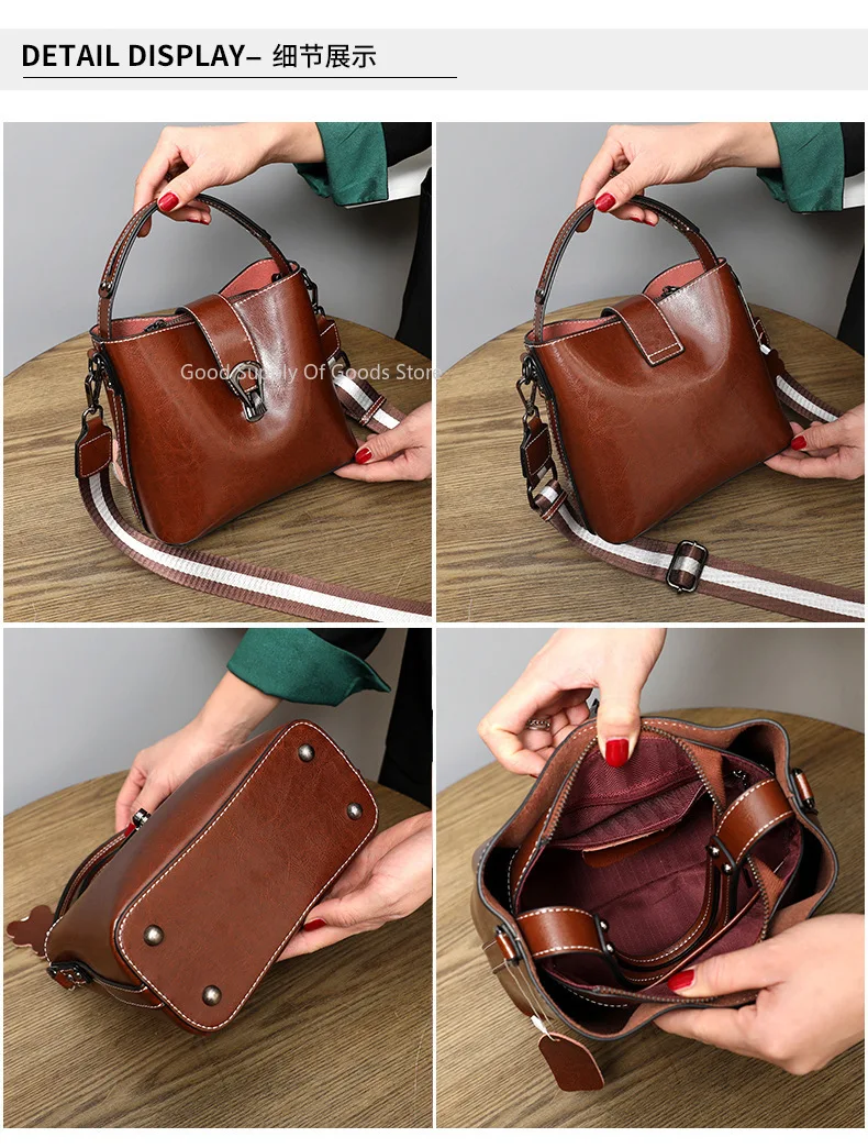 حقيبة دلو نسائية من جلد الشمع الزيتي الحقيقي حقيبة يد كاجوال وبسيطة ذات سعة كبيرة للسيدات من جلد البقر حقيبة كروس عصرية