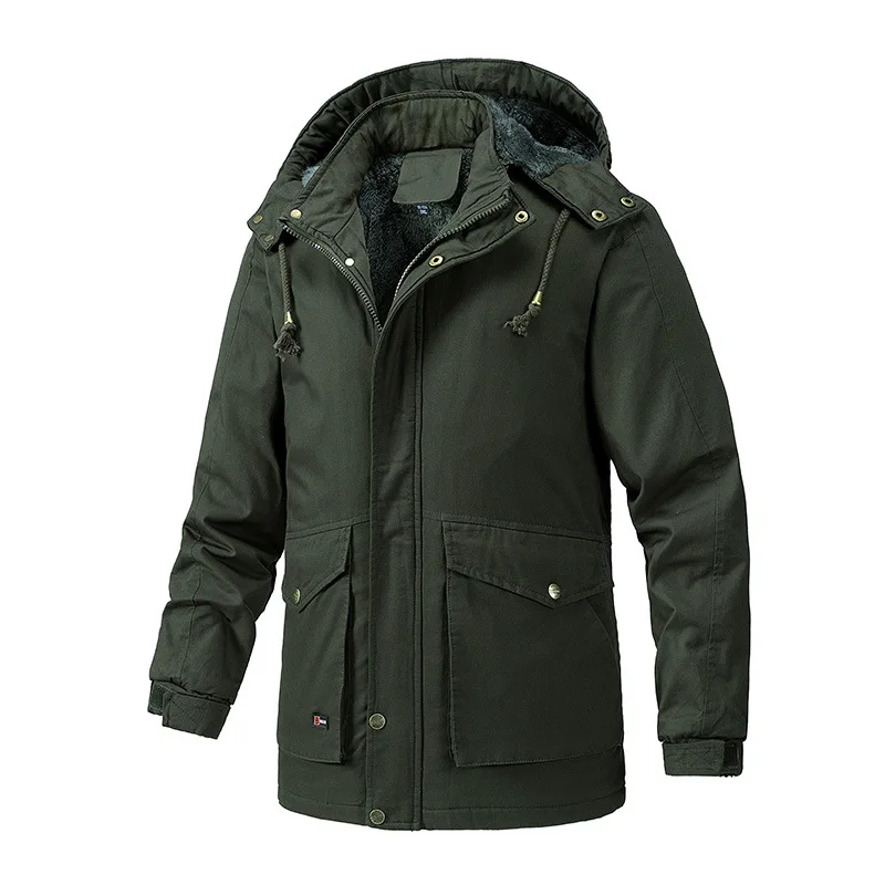 Men's Winter Cotton-Padded Jacket Casual Mid-Length Hooded Warm Fleece Coat Top for Cold Weather