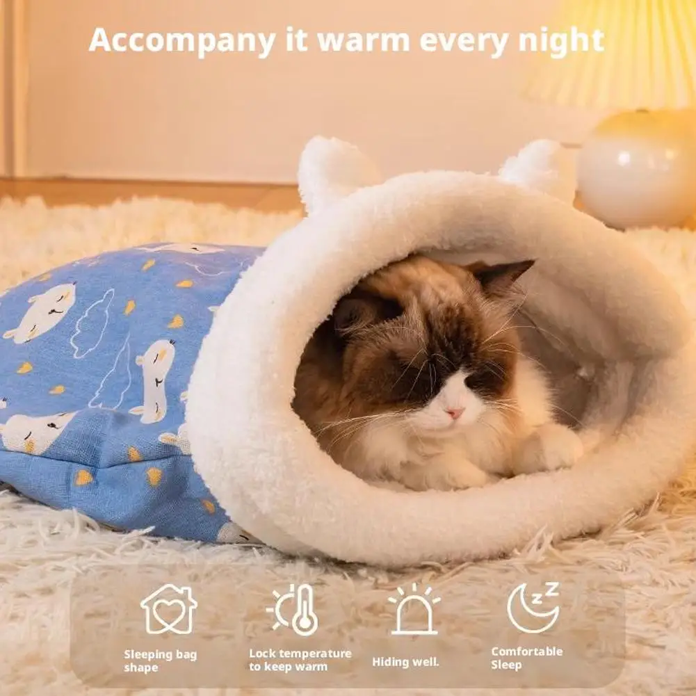 Winter Warm Enclosed Cat Bed with Tunnel, Thermal Plush Igloo House for Indoor Cats, Self-Warming Hooded Dog Bed for Small Dogs