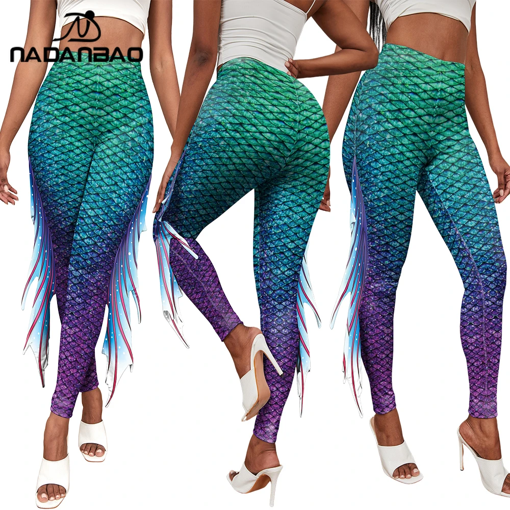 Nadanbao Cosplay Mermaid Women Leggings Colorful Fish Scales Print Pants Sexy Skinny Tights Summer Party Leggings Beach Trousers