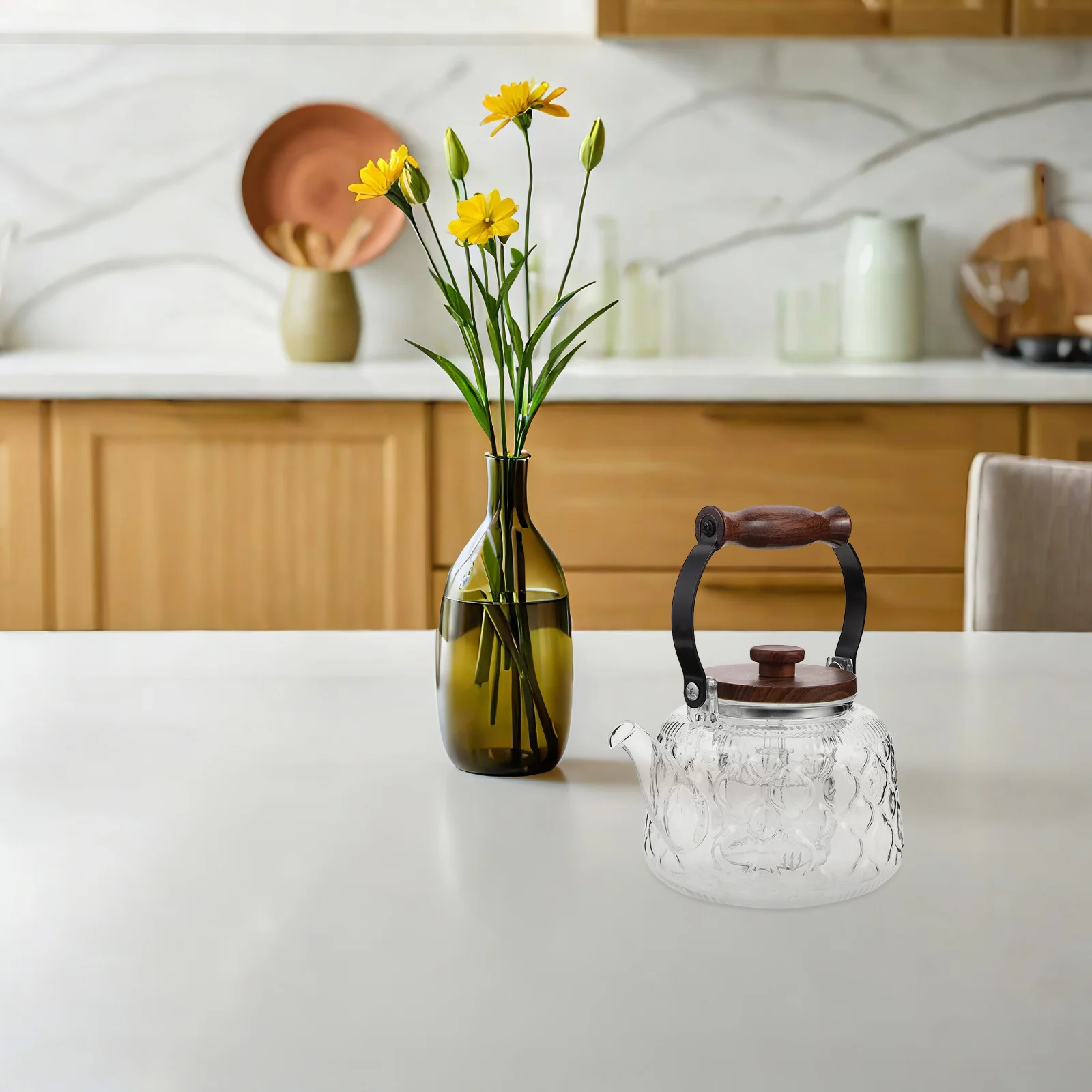 

1pcs Vintage Style 1000Ml Heat Resistant Glass Teapot Clear Body Stovetop Kettle With Infuser Comfortable Handle Household Use