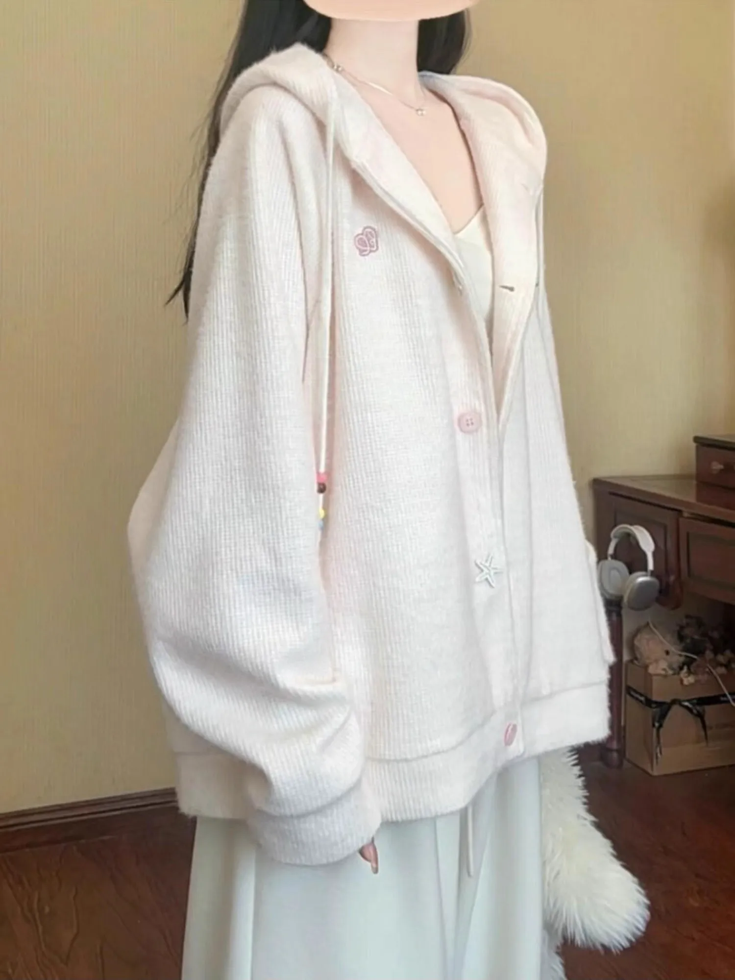 لينة مريحة الوردي مقنعين متماسكة سترة معطف المرأة Sle الخريف 2025 جديد فضفاض صالح طويل Sve زر حتى قطعة واحدة لون نقي #1