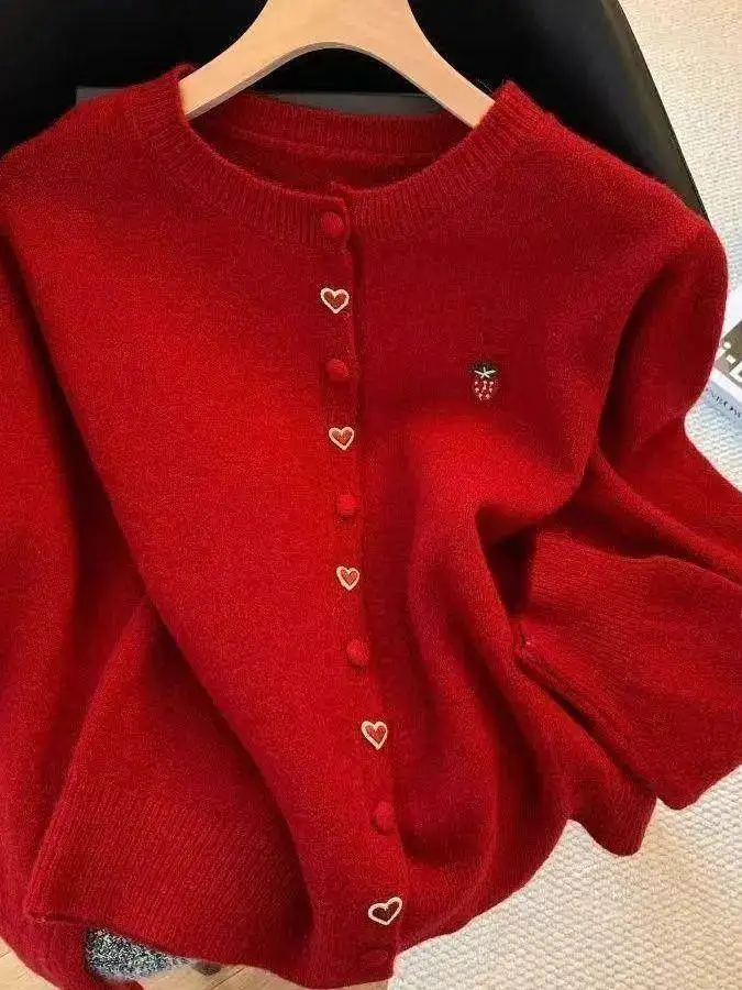 Christmas New Year Red Button Short Knitted Sweater Cardigan Women's Loose Soft Korean Style All-Match Autumn Winter Outerwear