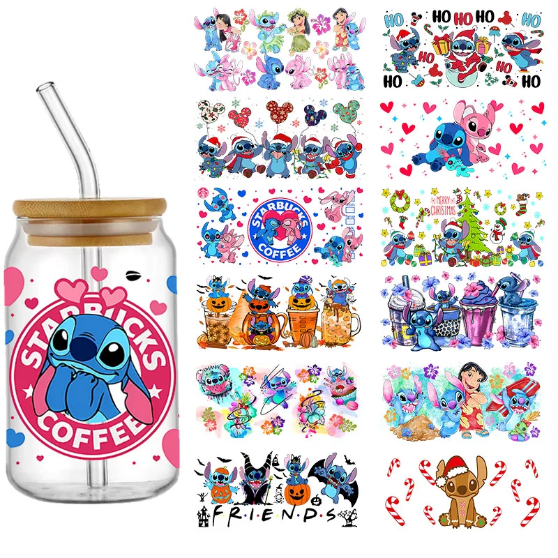 Stiker UV DTF desain Lilo and Stitch Disney untuk 16ozCup bungkus stiker Transfer Label kustom Logo DIY perekat