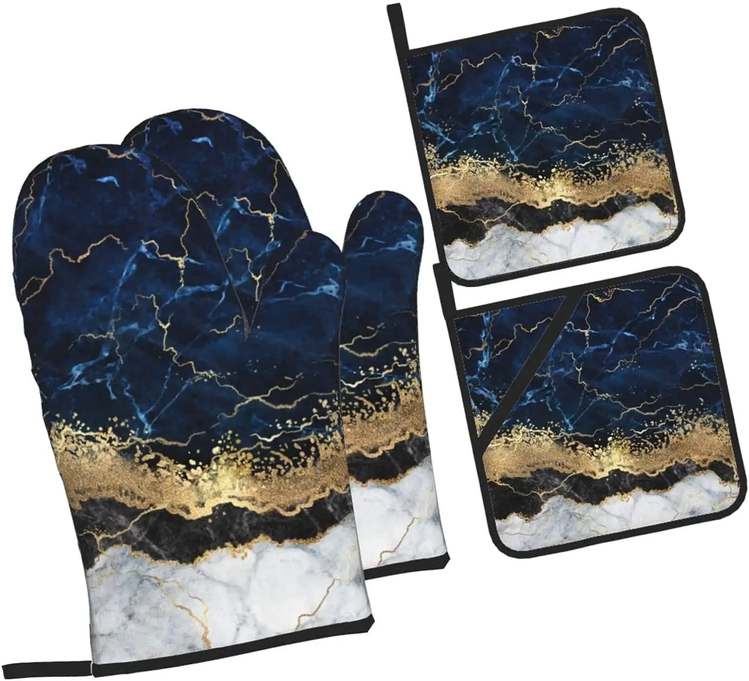 Navy Blue Marble Gold Abstract Oven Mitts and Pot Holders Sets of 4 Kitchen Potholder Gloves Heat Resistant Non-Slip for Cooking