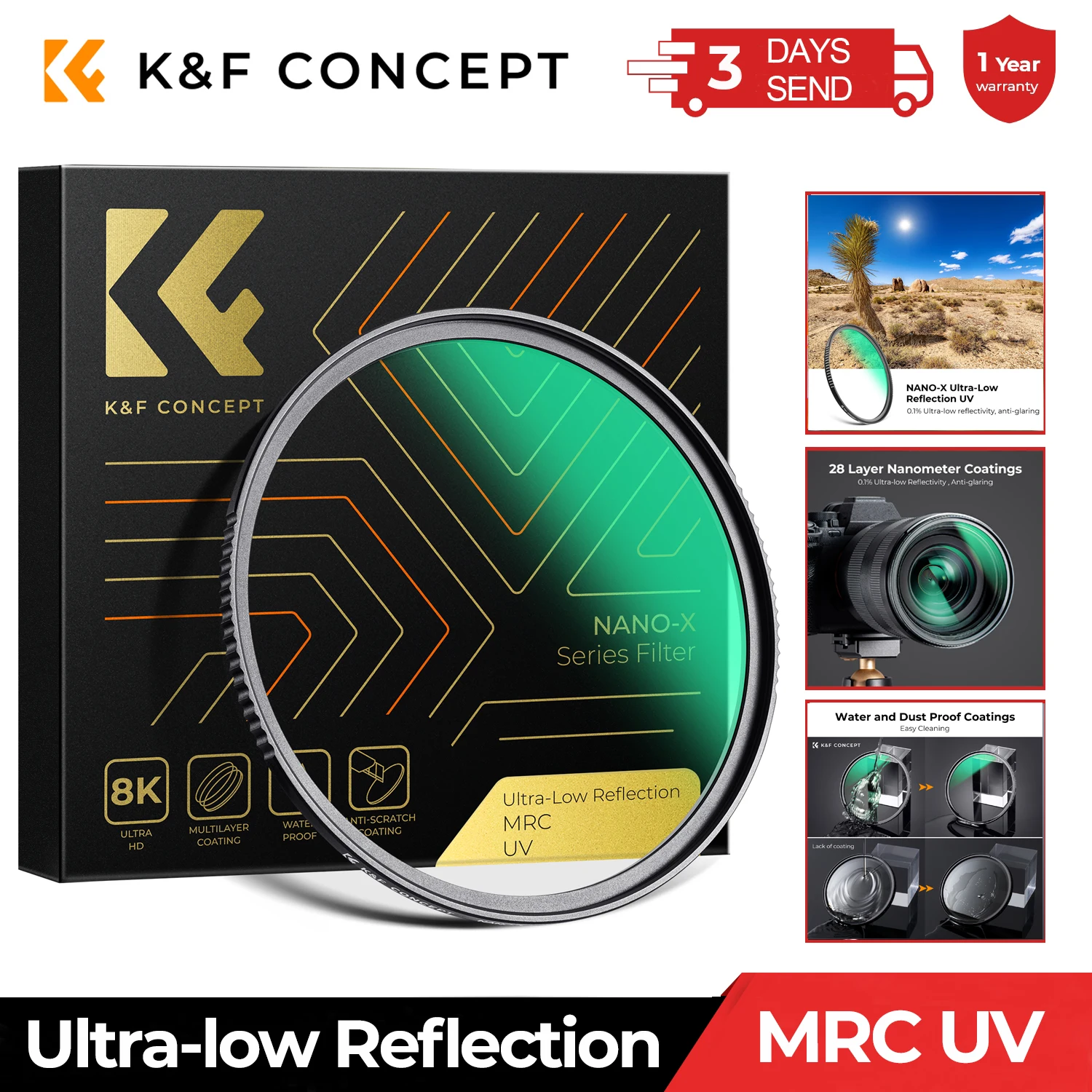 K&F Concept Ultra-low Reflection UV Filter with 28 Multi-Layer Coatings MRC Optical Glass 37-95mm for Camera Lens Nano-X Series