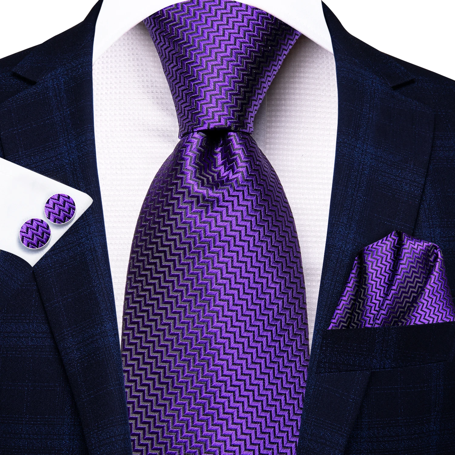 Hi-Tie 3pcs Mens Tie Purple Floral Stripes Solid Necktie Pocket Square Cufflinks  Set Wedding Formal Casual Office Party