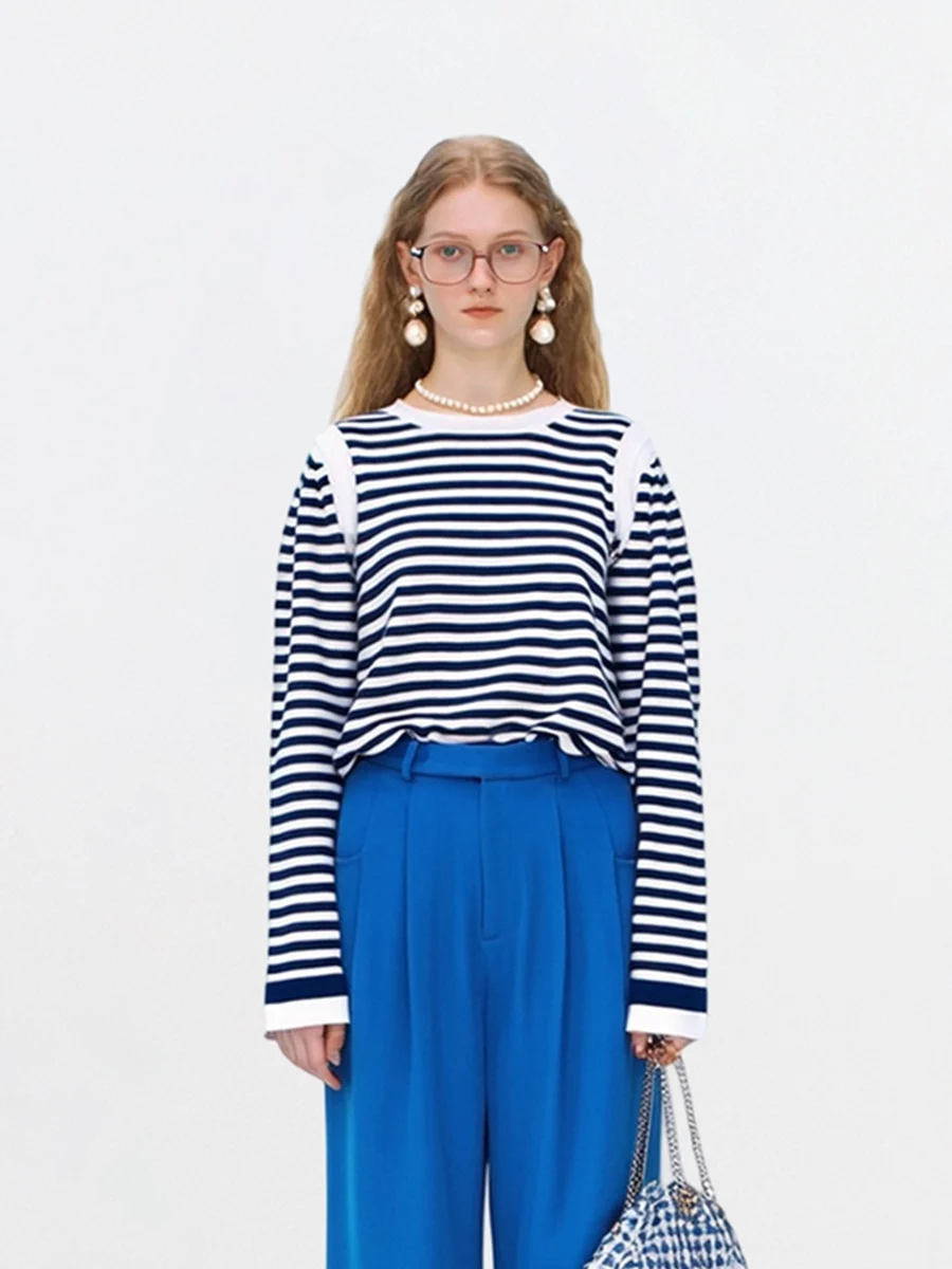 

AHMI Korean Sle Striped round Ne Long Sve T-irt Women's Loose Casual Slimming Faionable Top for Autumn