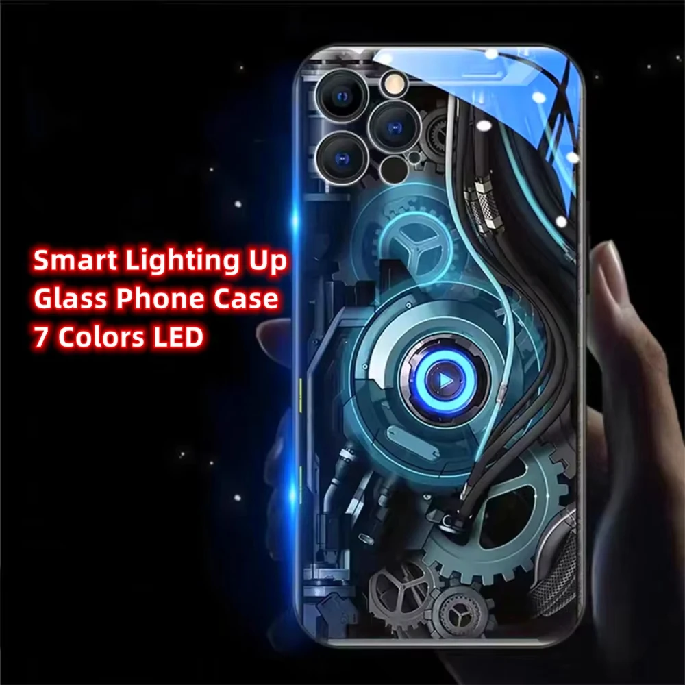 Cyber Circuit World Smart LED Light Glow Tempered Glass Phone Case For iPhone 16 15 14 13 12 11 Pro Max X XR XS Plus 7 8 SE2020