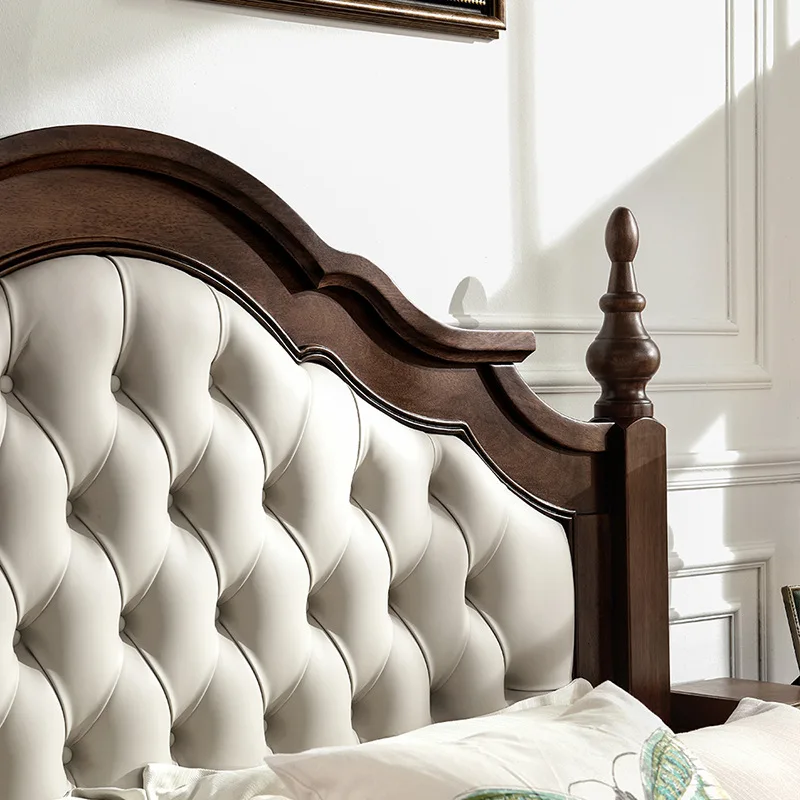 country solid wood  leather soft bag double  walnut wood wedding  high box storage master bedroom furniture retro bed