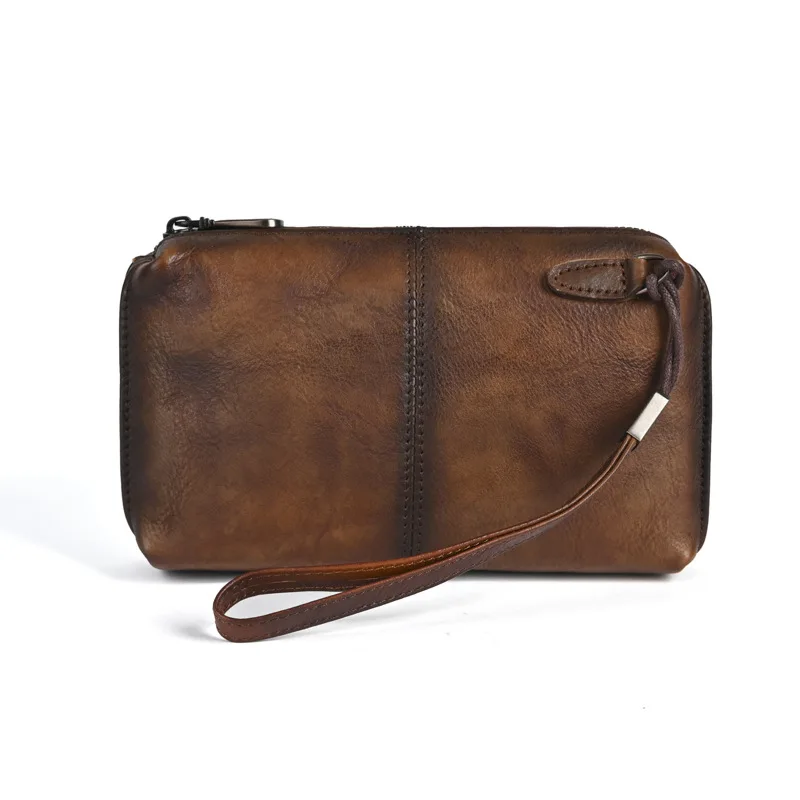 Men Genuine Leather Zipper Clutch Bag Top Grain Cowhide Handbag Retro Hand Rubbed Soft Leather Minimalist Storage Bag