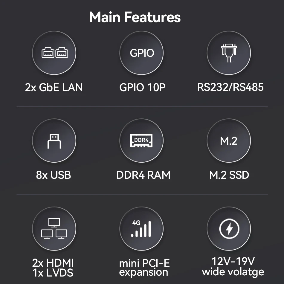 XCY Fanless Mini PC Intel Celeron J4125 DDR4 M.2 SSD RS232/485 2x LAN GPIO mPCIE 4G LTE 8x USB LVDS HDMI TPM 2.0 Windows 11