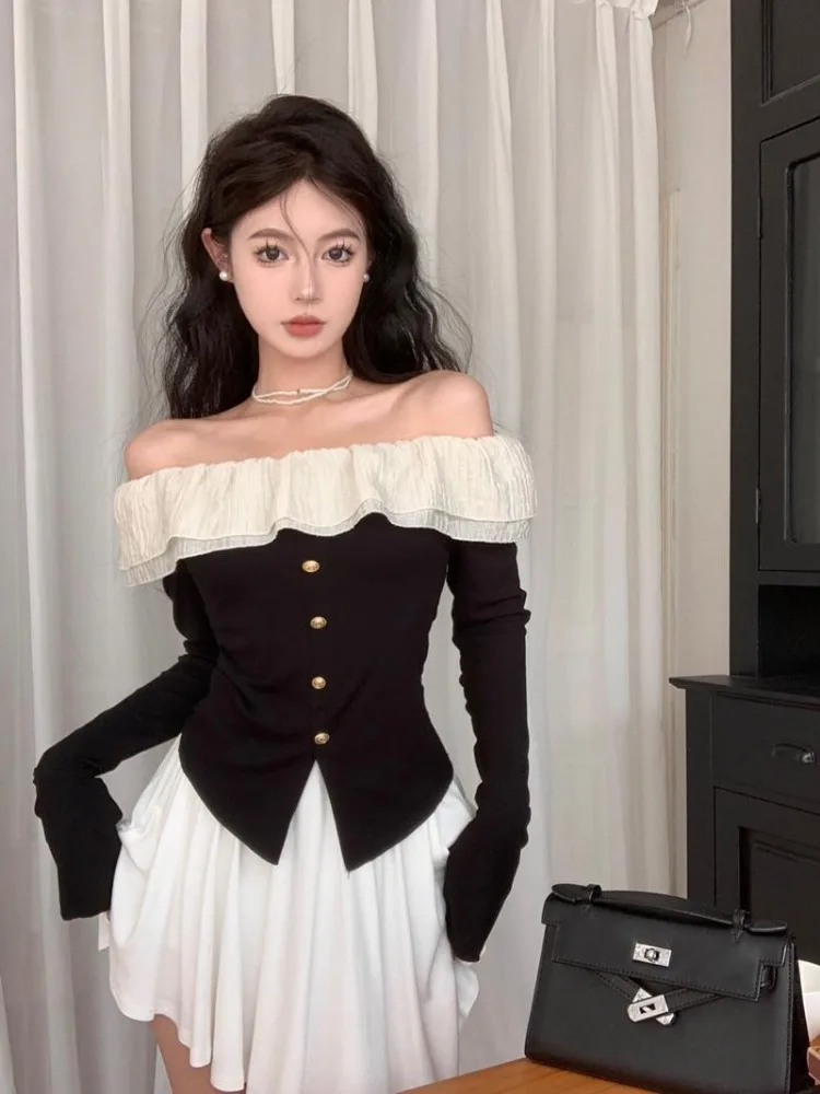 

Женские футболки с открытыми плечами и разрезом на шее, милые модные оборки, сексуальные Harajuku High Street Y2k, элегантные лоскутные весенние милые шикарные футболки